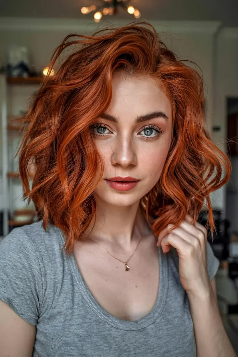 fall red hair color ideas 2025 Spiced Apricot Bob with Soft Volume