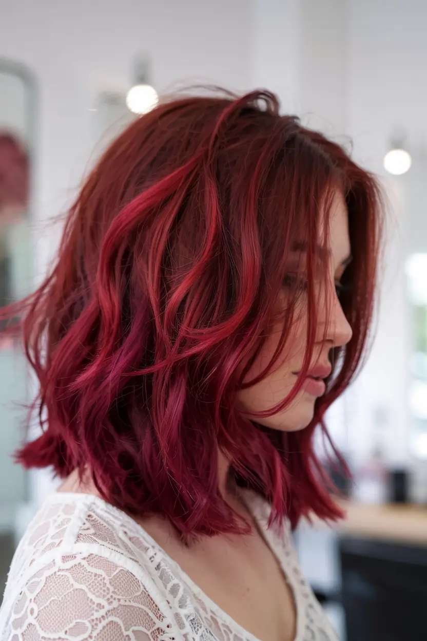 fall red hair color ideas 2025 Rouge Berry Lob with Windy Movement