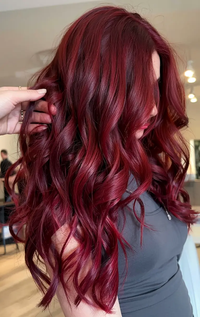 fall red hair color ideas 2025 Velvety Marsala Waves with Glossed Ends