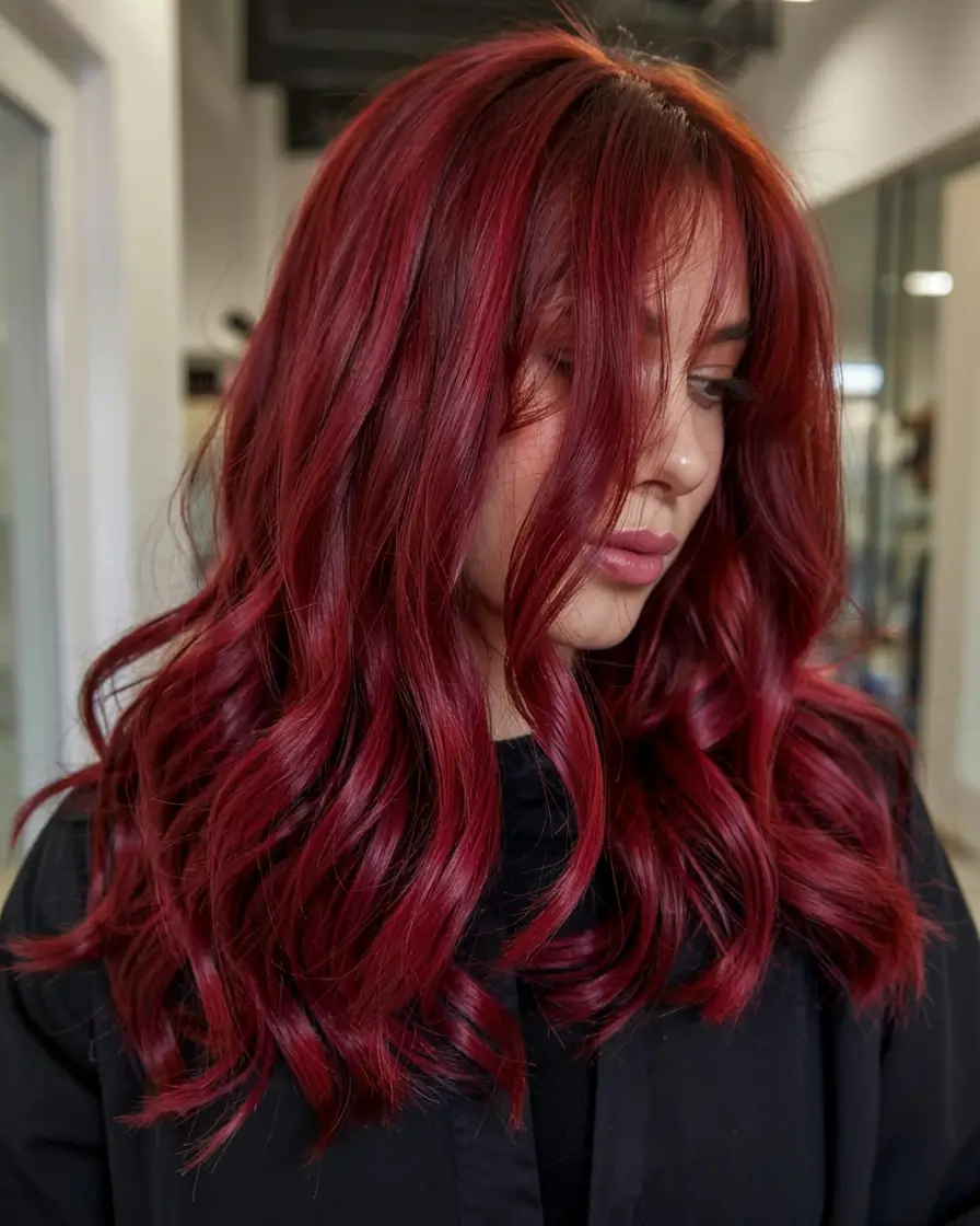 fall red hair color ideas 2025 Crushed Cranberry Layers with Blush Curtain Bangs