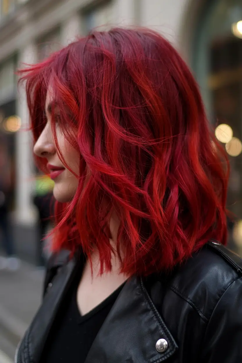 fall red hair color ideas 2025 Streetlight Scarlet Lob with Layered Texture