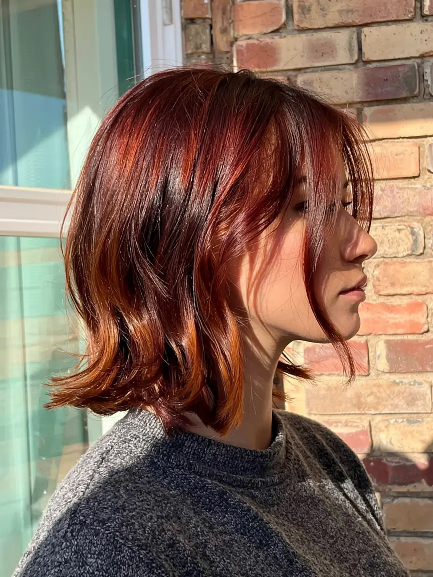 fall red hair color ideas 2025 Toasted Cherry Bob with Autumnal Peekaboo