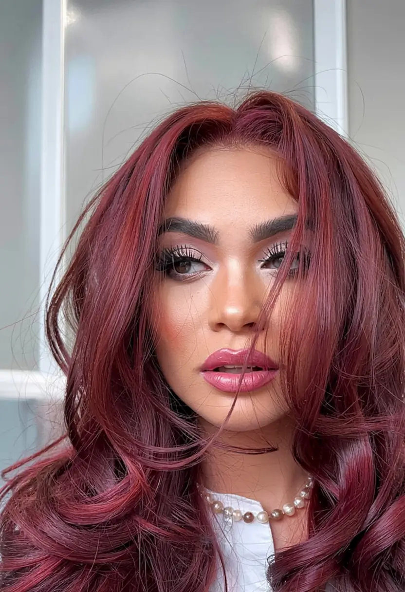 fall red hair color ideas 2025 Soft Mulberry Glamour with Curtain Layers