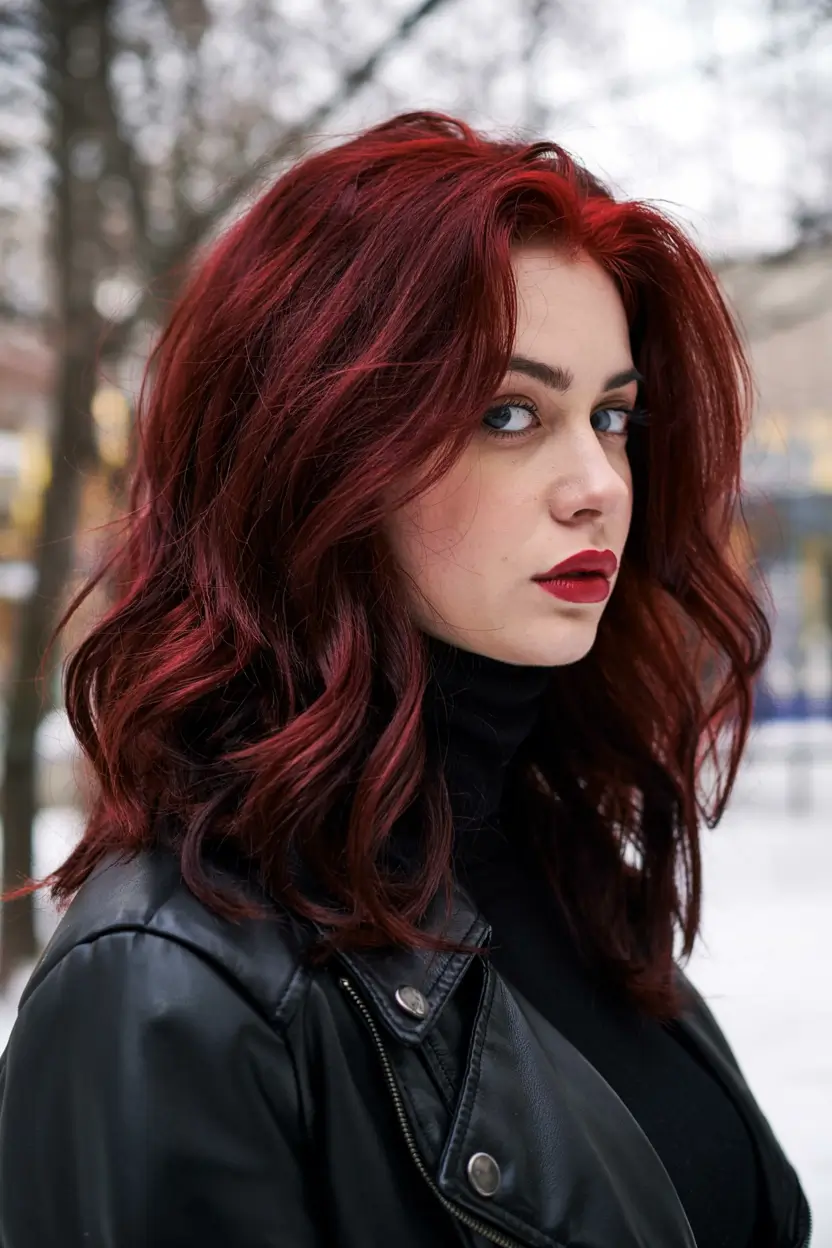 fall red hair color ideas 2025 Deep Cranberry Layers with Smoky Elegance
