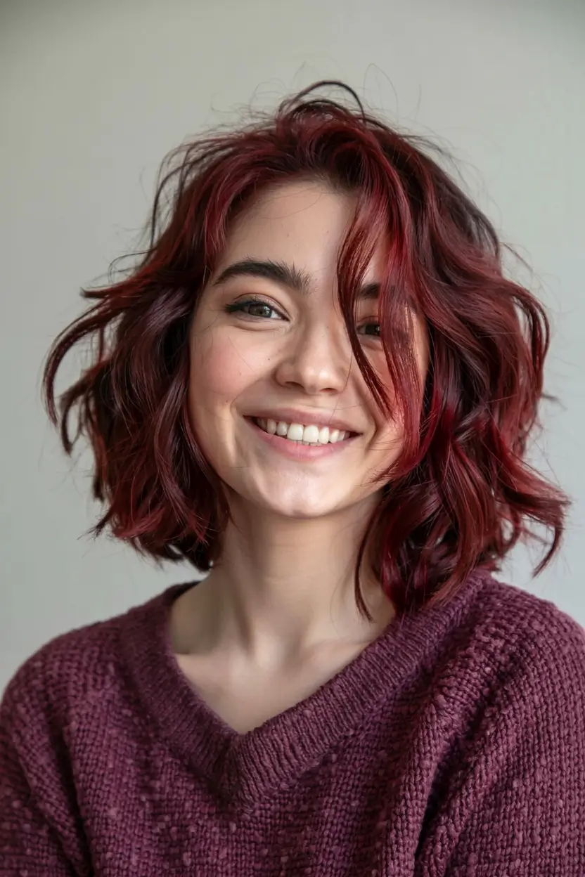 fall red hair color ideas 2025 Cherry-Cola Bob with Natural Texture