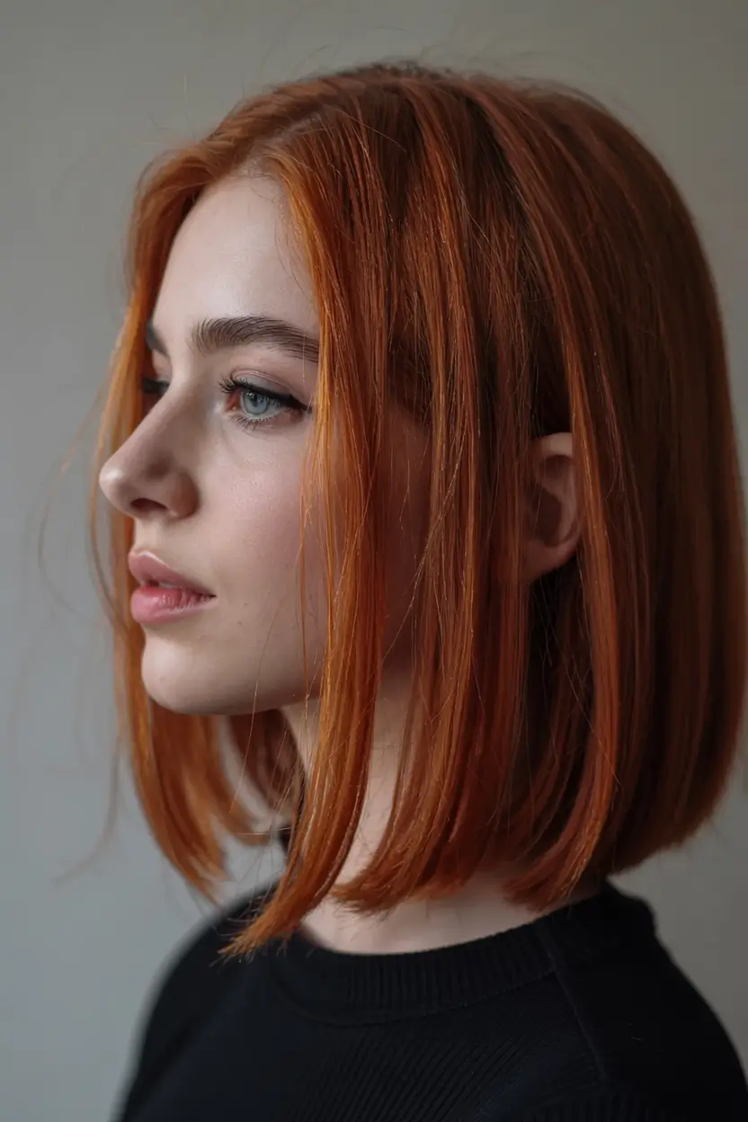 fall red hair color ideas 2025 Straight Copper Cut with Sleek Precision