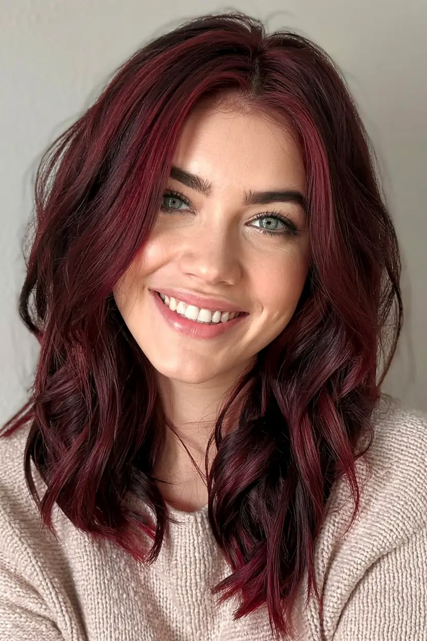 fall red hair color ideas 2025 Black Cherry Mid-Length Waves