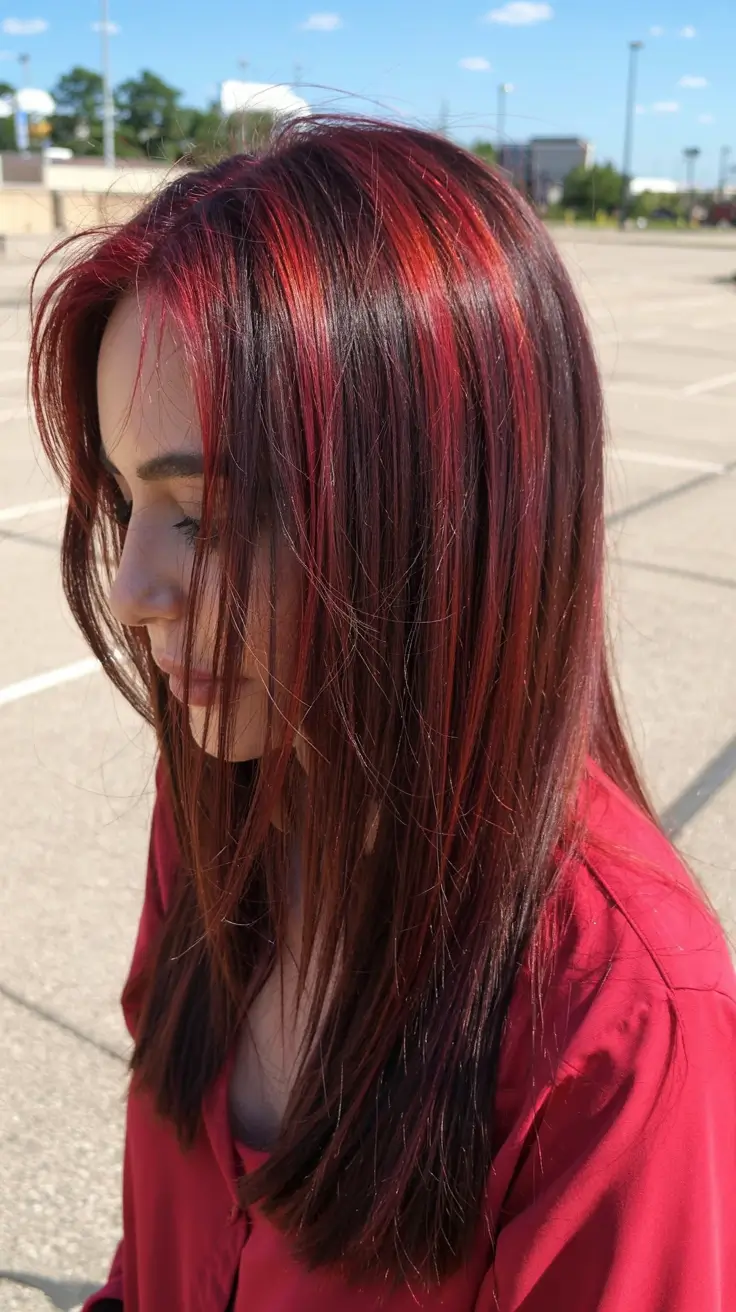 fall red hair color ideas 2025 Black Cherry with Firelight Highlights