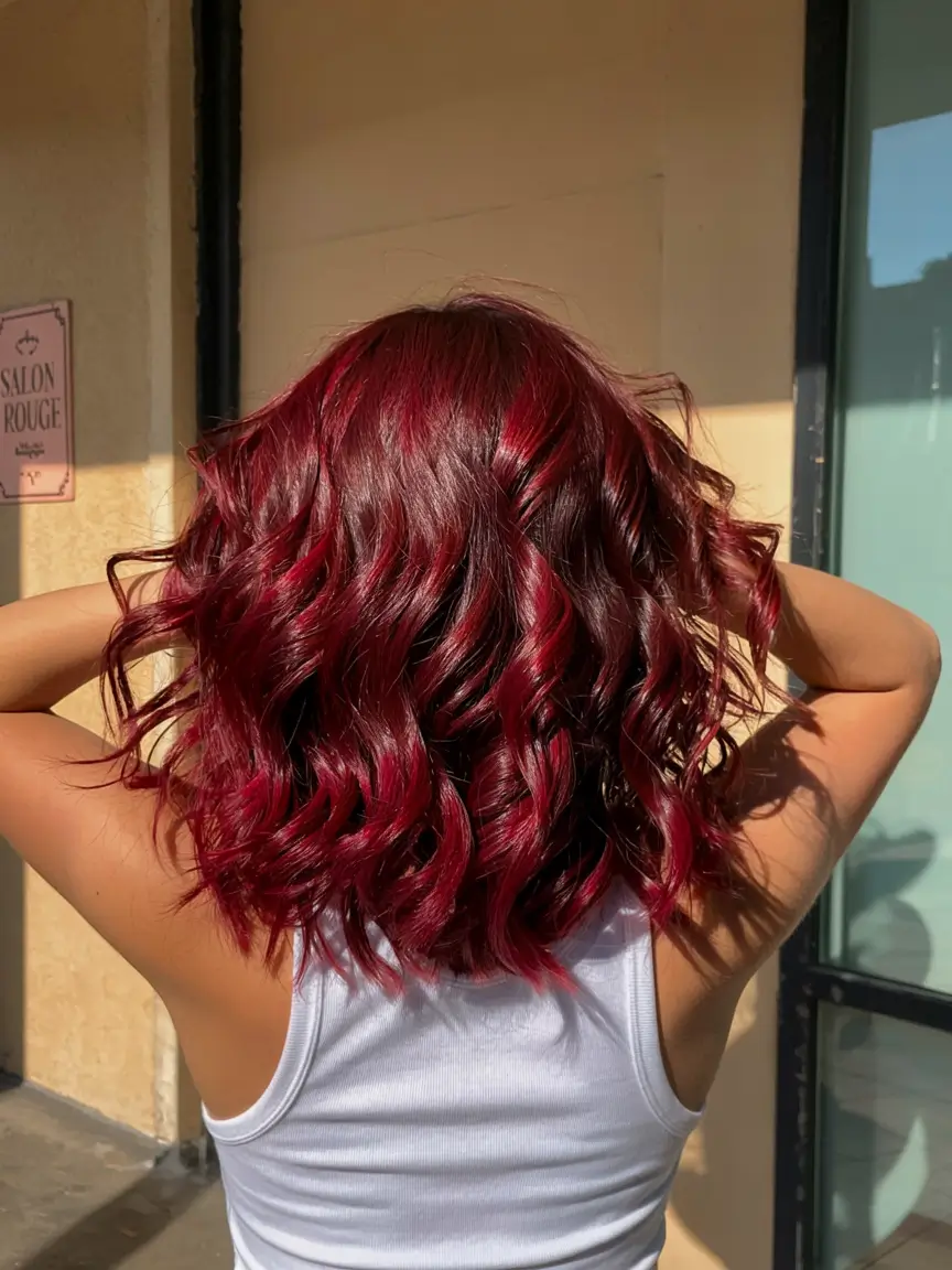 fall red hair color ideas 2025 Crimson Curl Explosion