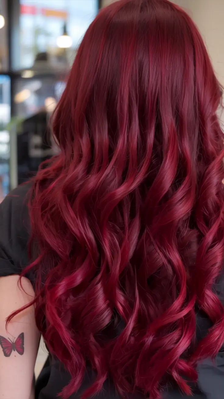 fall red hair color ideas 2025 Glossy Merlot Waves with Sculpted Ends