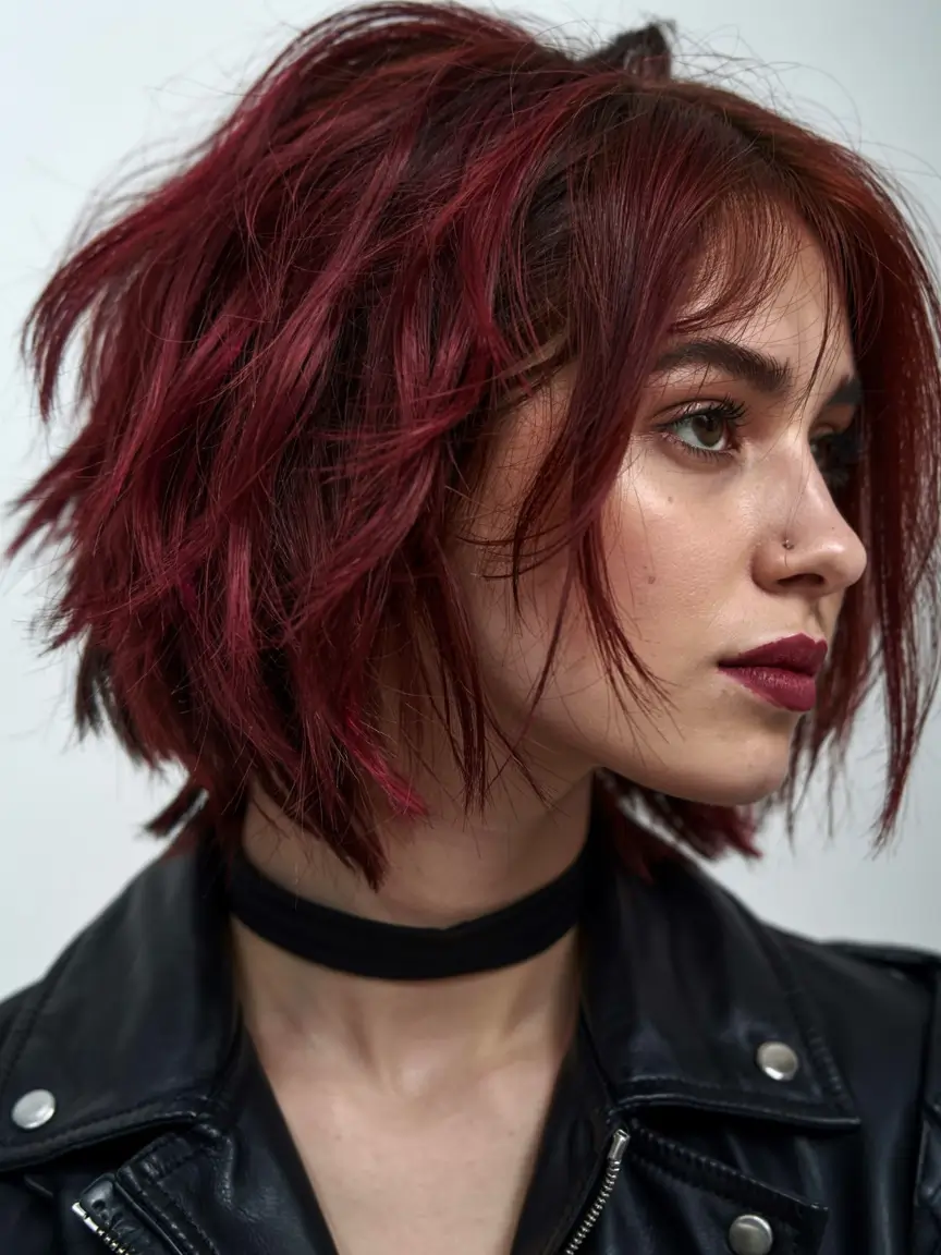 fall red hair color ideas 2025 Textured Red Shag with Punk Bangs
