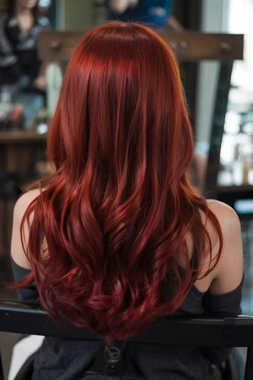 fall red hair color ideas 2025 Molten Auburn Curls with Candlelight Shine