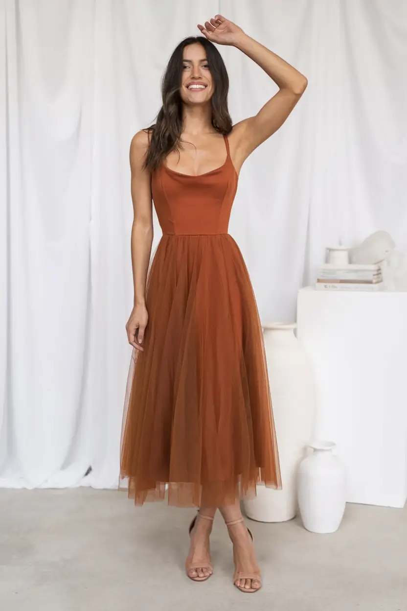 fall wedding guest dress ideas 2025 Burnt Rust Meets Ballerina