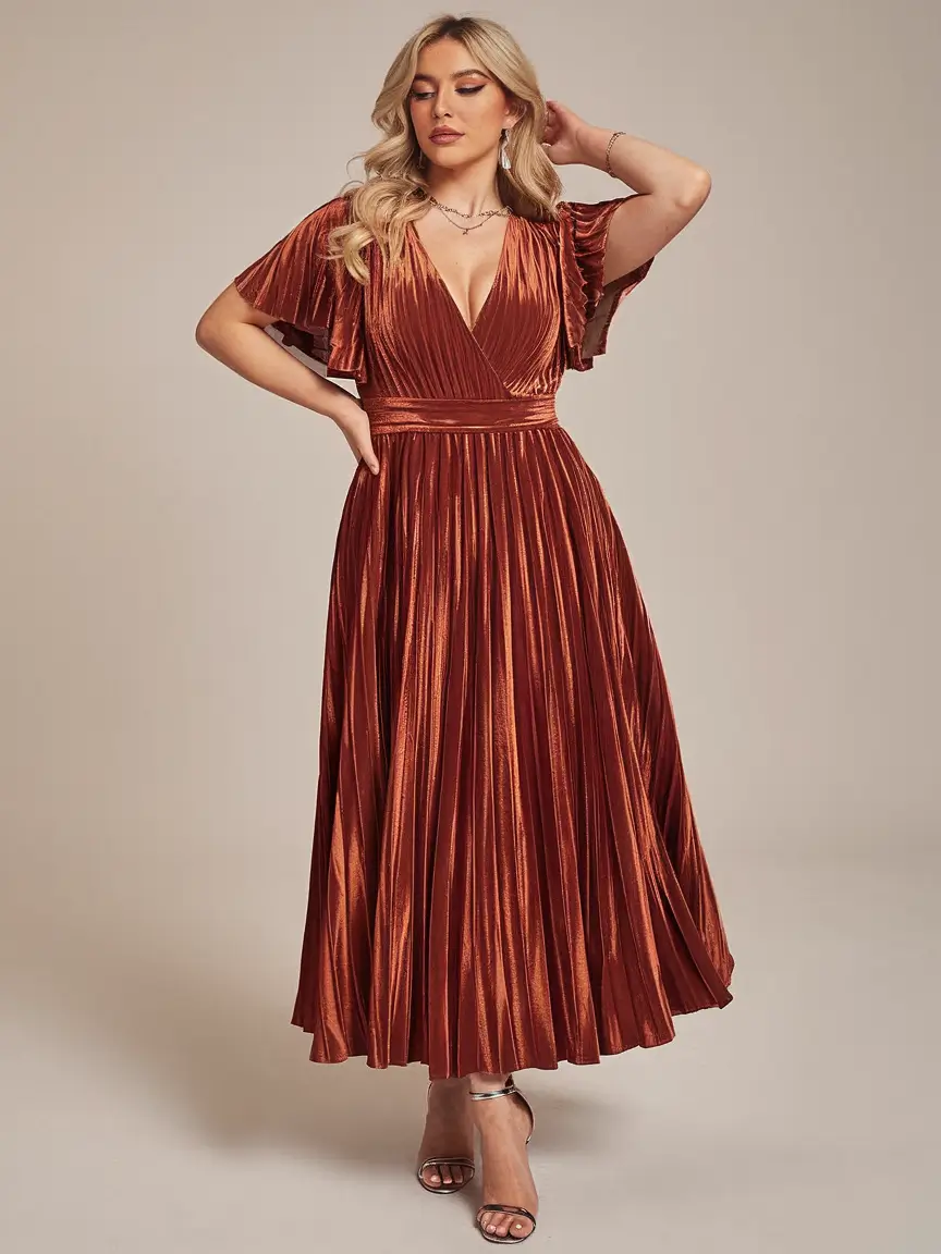 fall wedding guest dress ideas 2025 Copper Shimmer & Pleated Drama