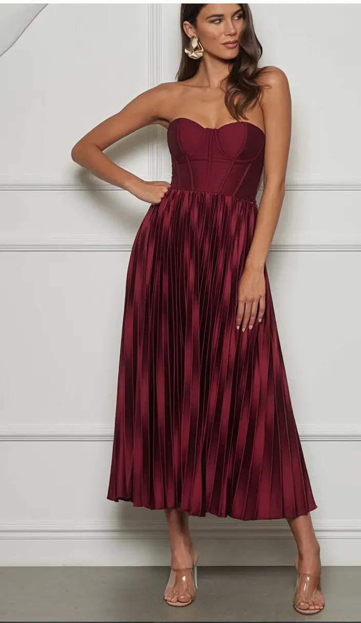 fall wedding guest dress ideas 2025 Structured Bordeaux Strapless