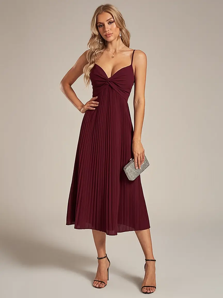 fall wedding guest dress ideas 2025 Classic Pleats in Wine Red
