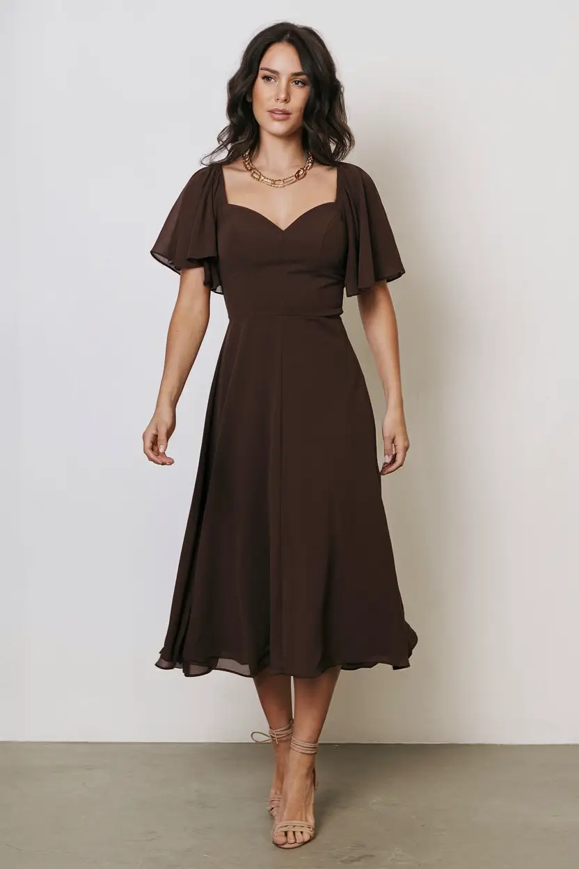 fall wedding guest dress ideas 2025 Sweetheart Neck & Cocoa Flutter