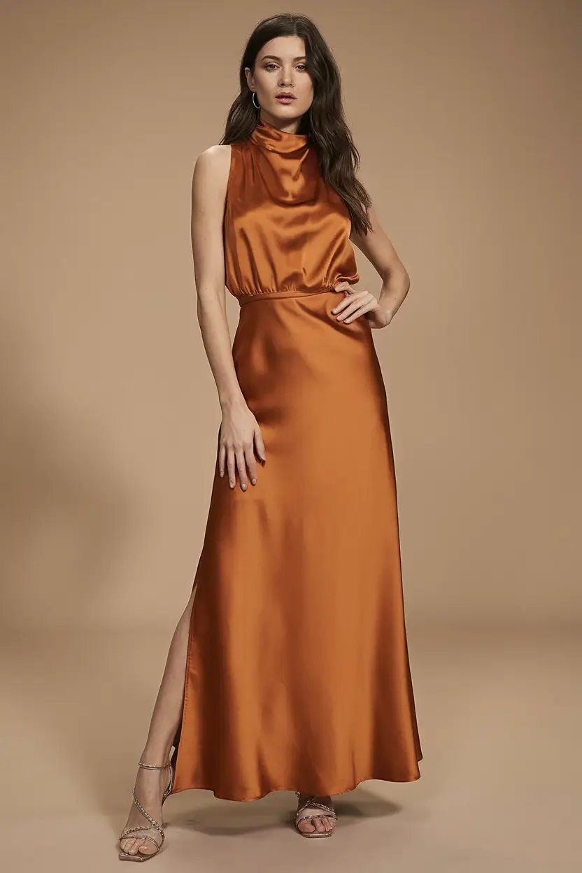 fall wedding guest dress ideas 2025 Satin Ember Glow