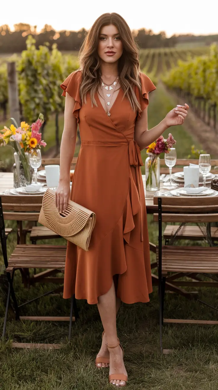 fall wedding guest dress ideas 2025 Terracotta Wrap for Daylight Vows