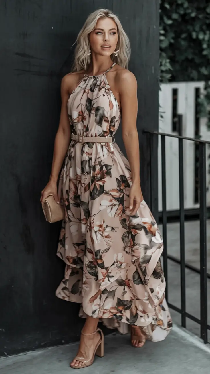 fall wedding guest dress ideas 2025 Soft Florals with a High Neckline