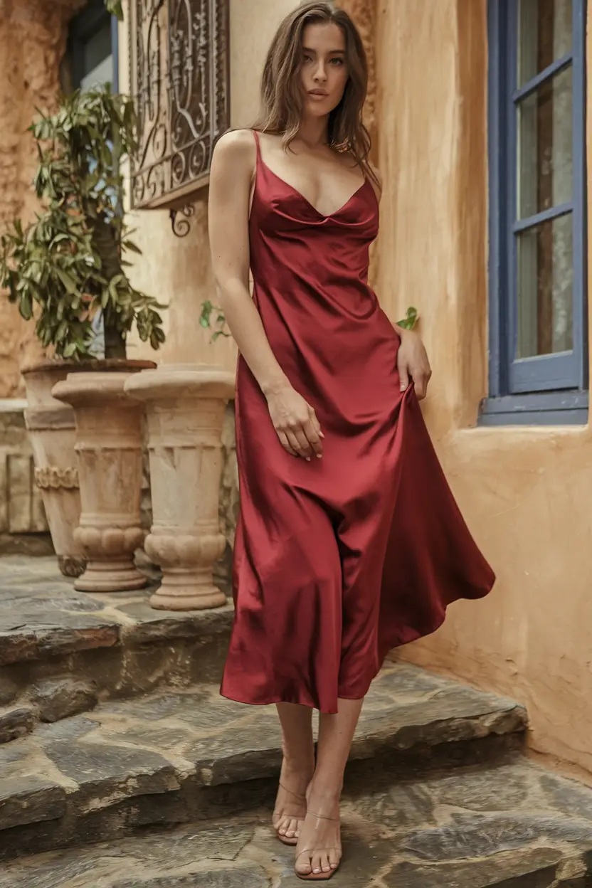 fall wedding guest dress ideas 2025 Silky Minimalism in Crimson