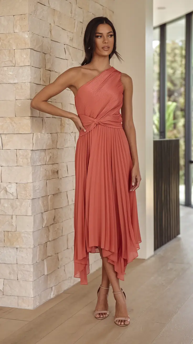 fall wedding guest dress ideas 2025 One-Shoulder Coral Twist
