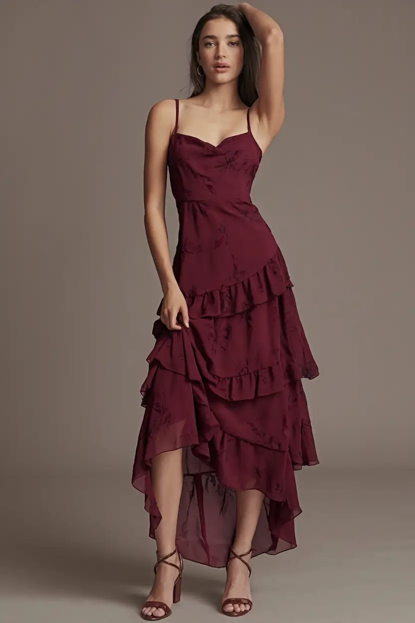 fall wedding guest dress ideas 2025 Layered Merlot Ruffles