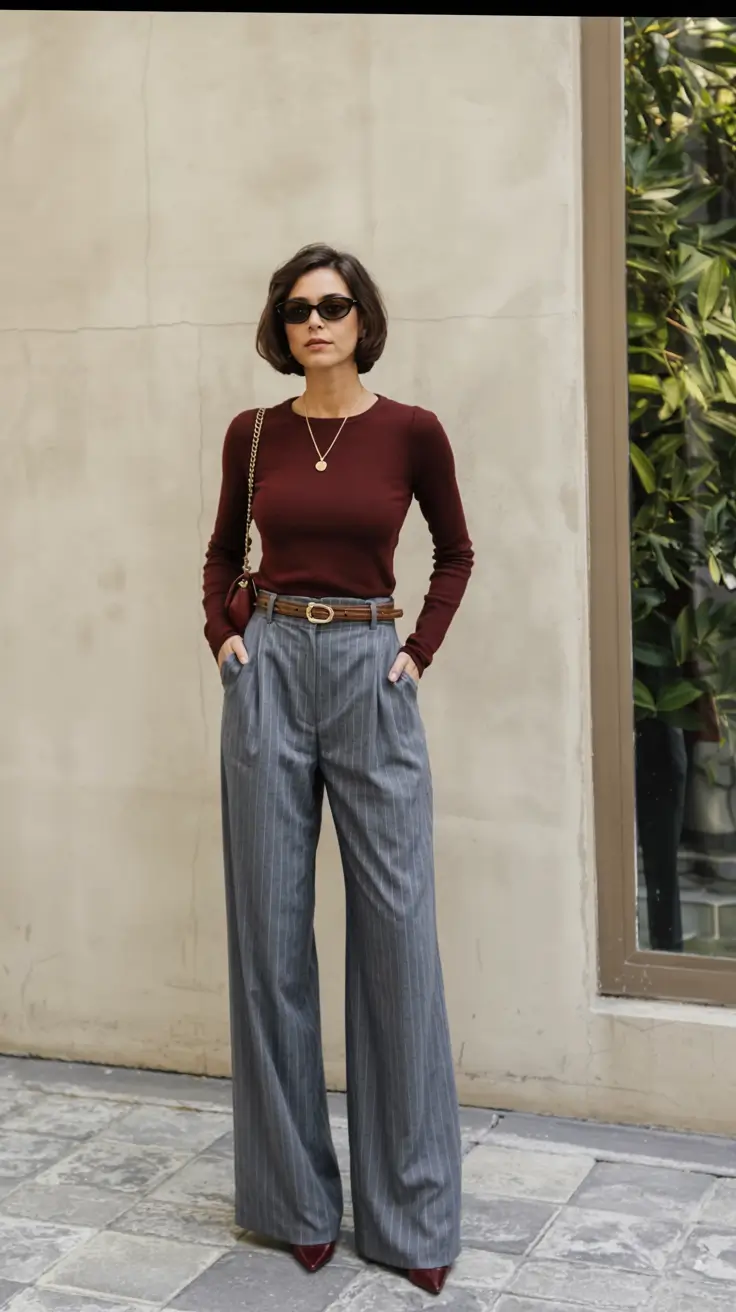 fall work outfits for women+Pinstripes and Pinot Red