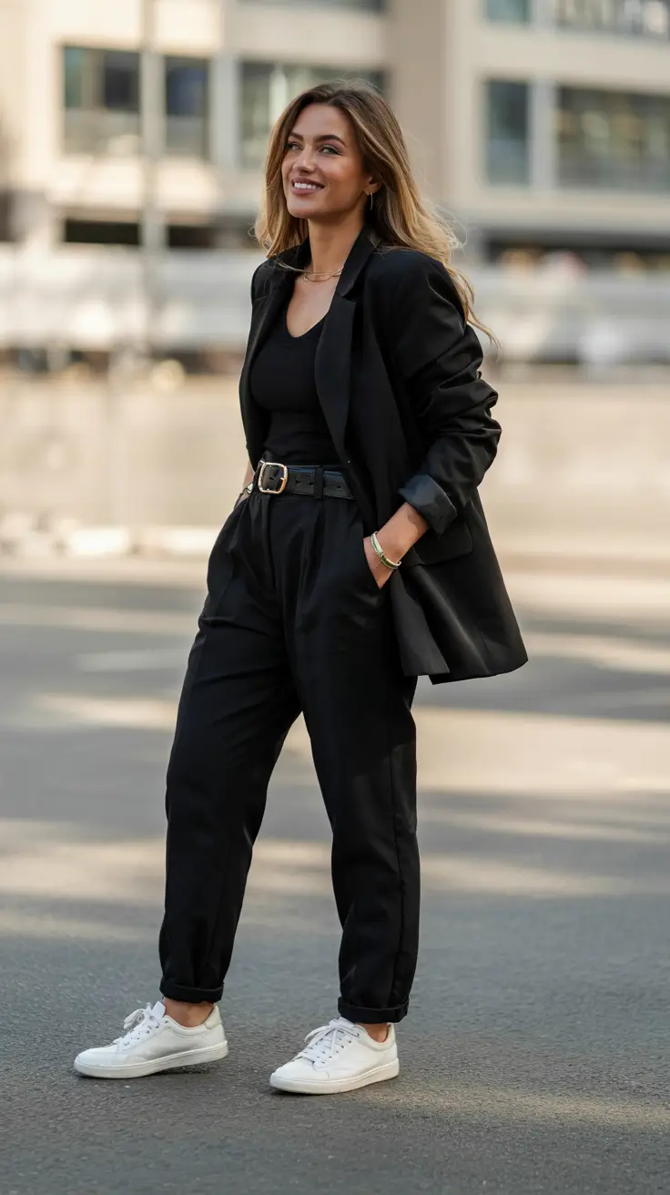 fall work outfits for women+All Black, All Day—With Sneakers
