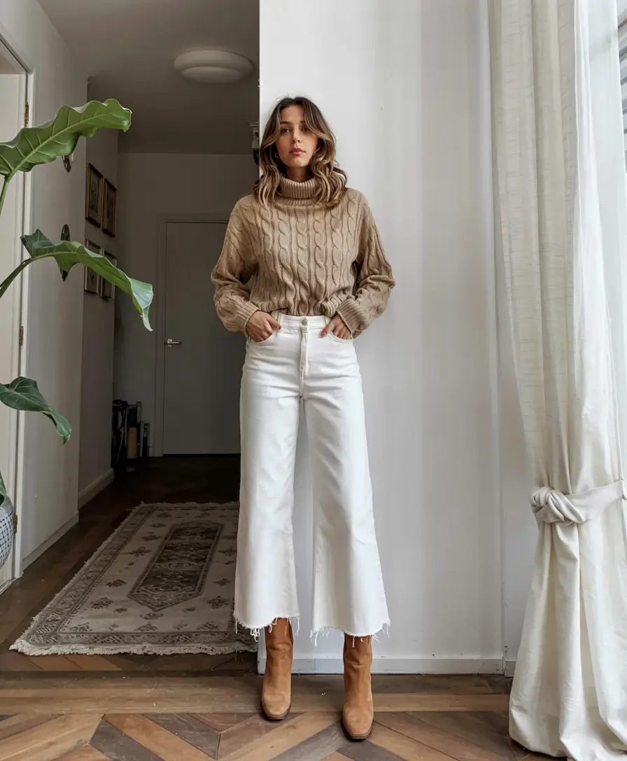 fall work outfits for women+Cable Knits and Cream Denim