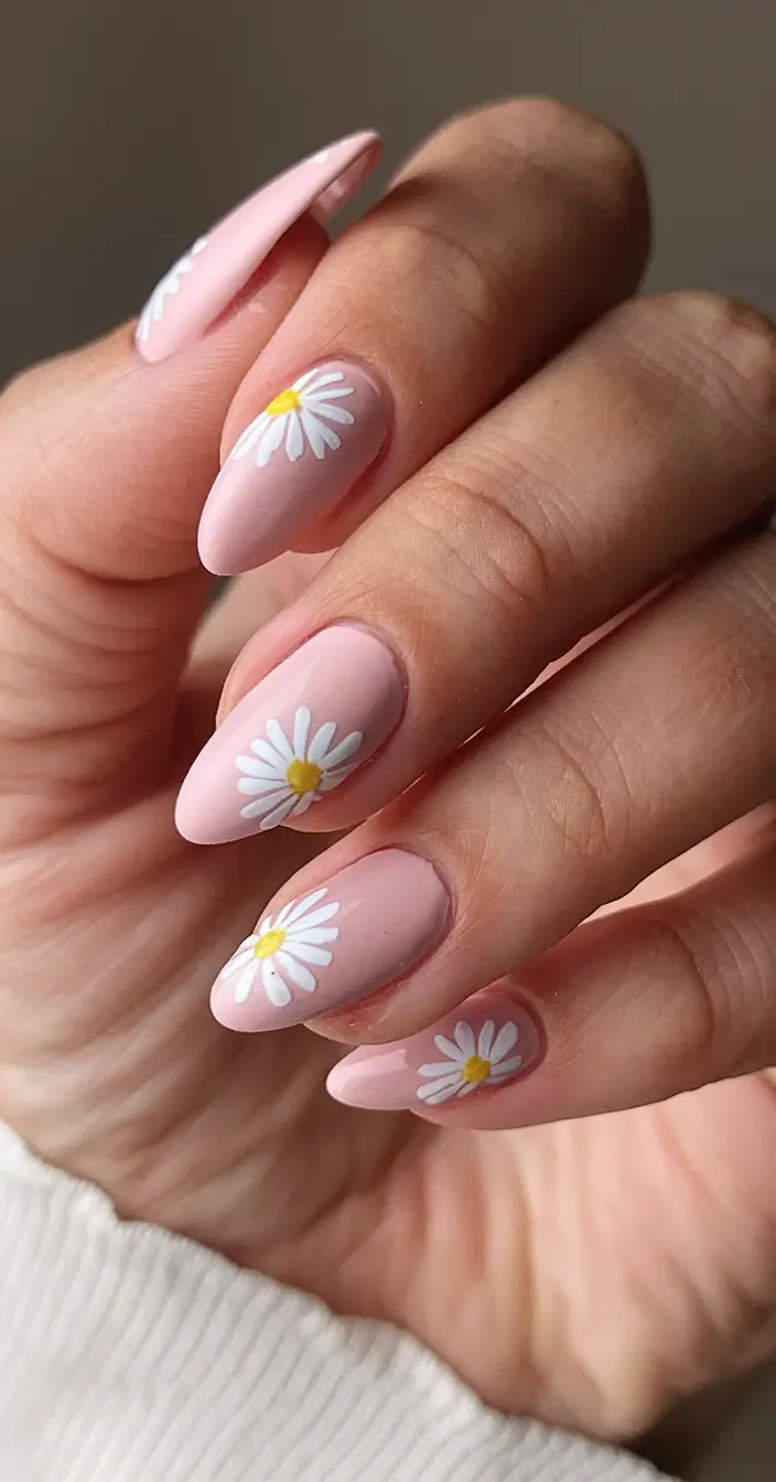 floral nail ideas to bloom in summer 2025 Soft Pink Daisy Minimalism