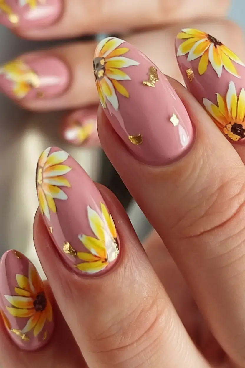 floral nail ideas to bloom in summer 2025 Golden Sunflower Glow