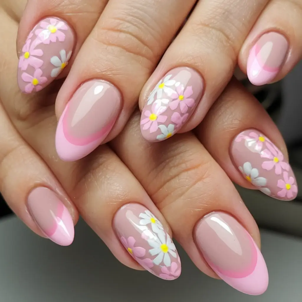 floral nail ideas to bloom in summer 2025 Pink French Garden Fusion