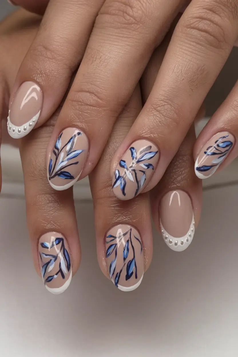 floral nail ideas to bloom in summer 2025 Minimalist Blue Leaf Accents