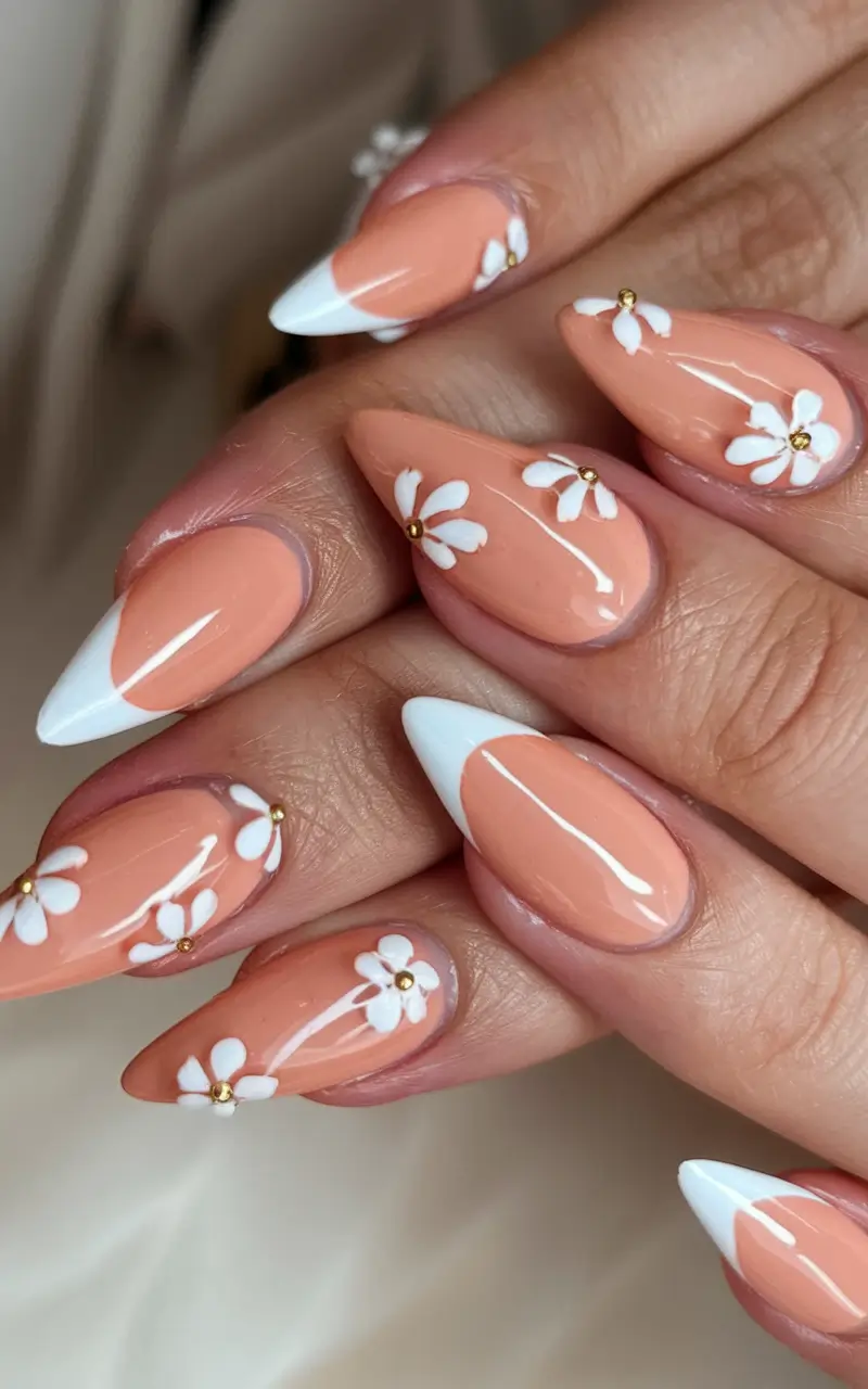 floral nail ideas to bloom in summer 2025 Peachy Daisies & French Contrast