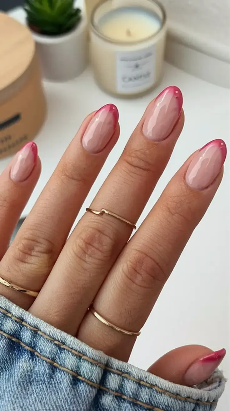 french tips for summer 2025 Glossy Nude French with a Raspberry Twist