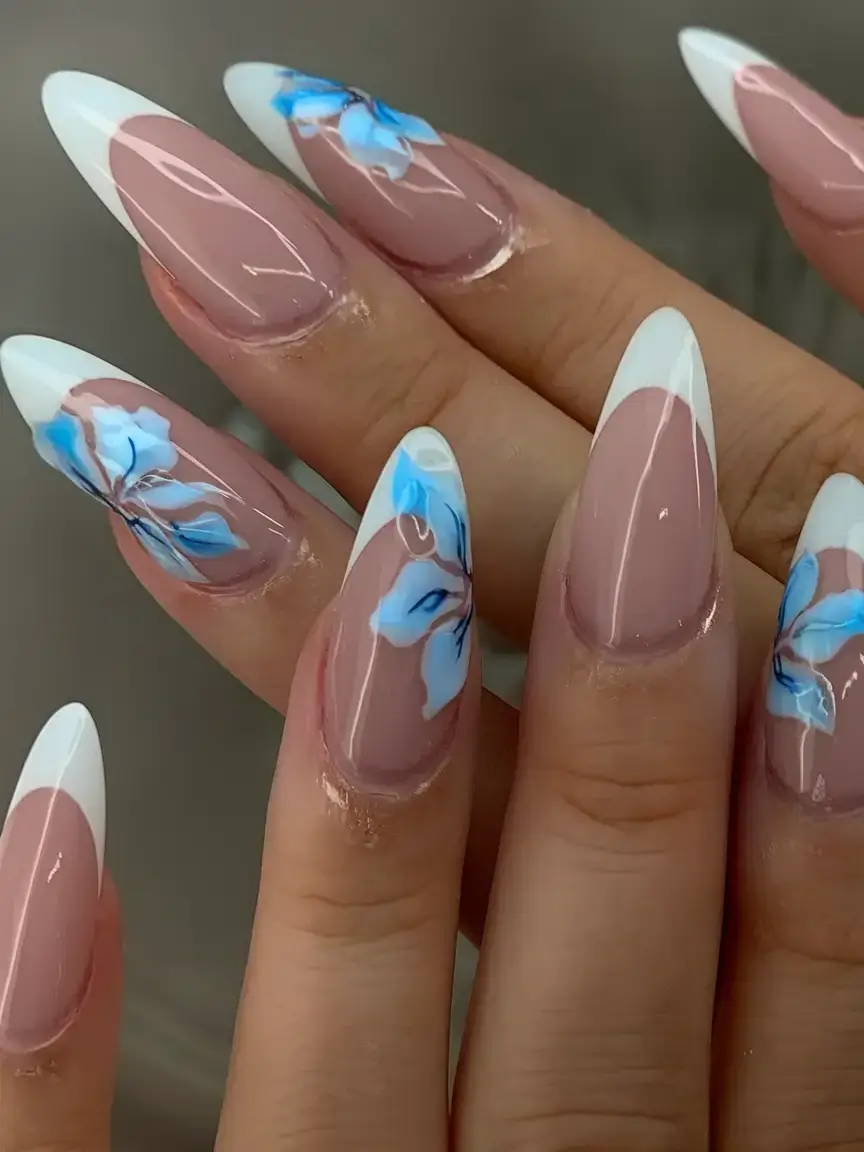 french tips for summer 2025 Crisp White Tips with Blue Florals