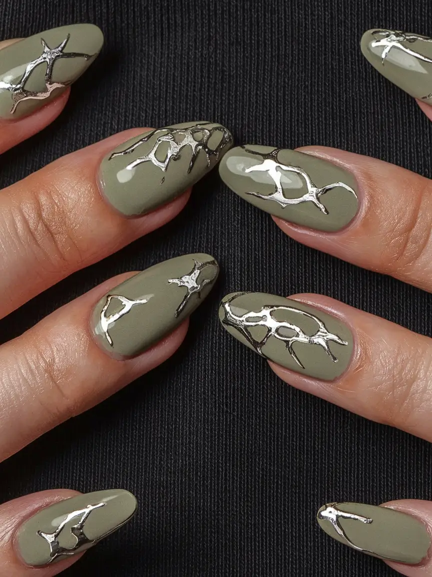 fresh green nails for summer 2025 Metallic Moss Webbing: Edgy Botanical Drama