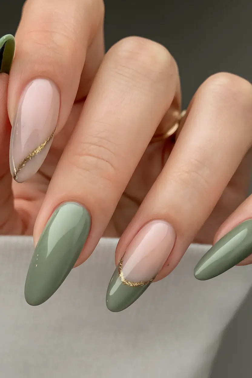 fresh green nails for summer 2025 Subtle Gold-Tipped Olive Elegance