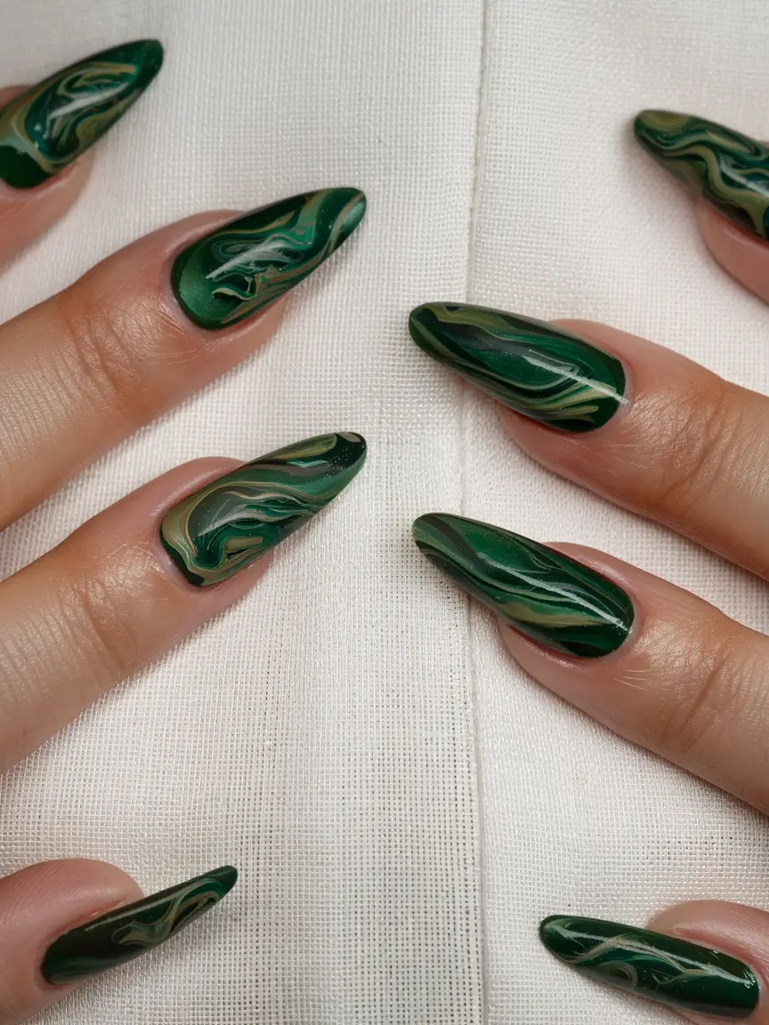 fresh green nails for summer 2025 Emerald Marble Swirls