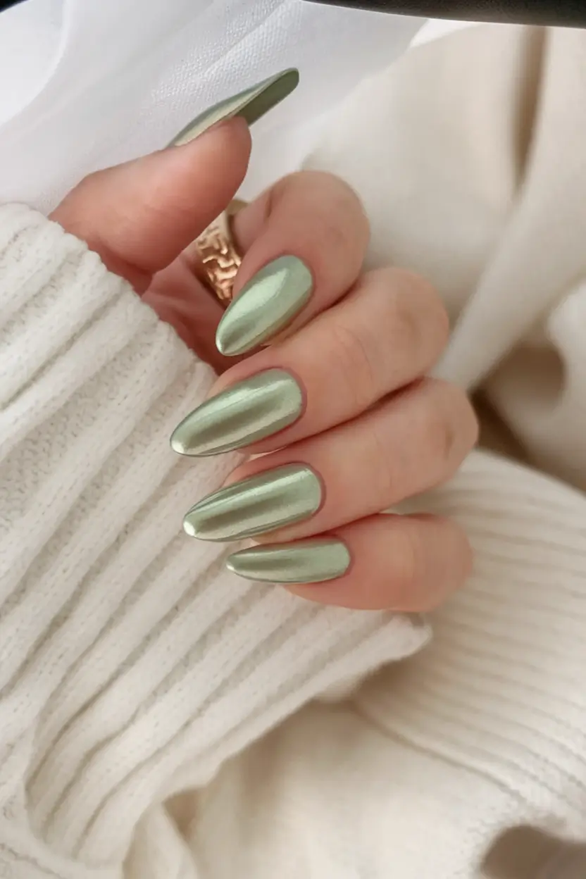 fresh green nails for summer 2025 Chrome Olive Satin