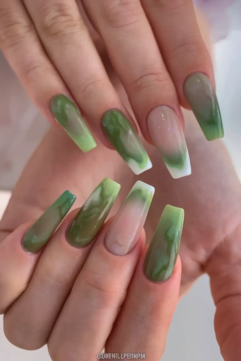 fresh green nails for summer 2025 Marble Ombré Coffin: Earthy Meets Ethereal