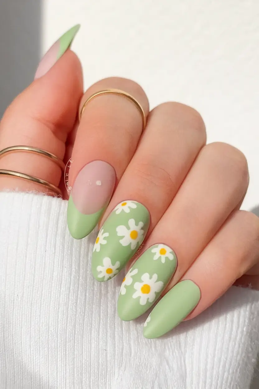 fresh green nails for summer 2025 Mint Daisy Garden