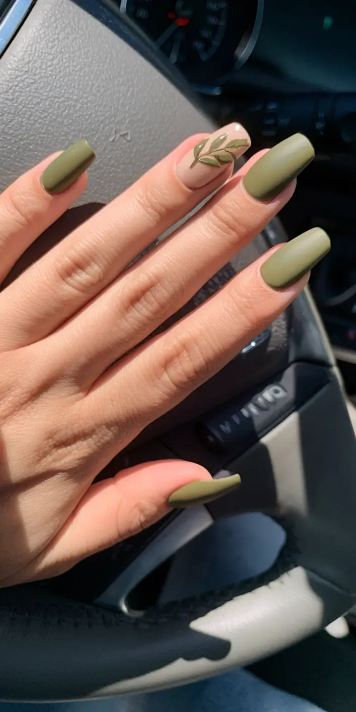 fresh green nails for summer 2025 Olive Leaf Accent: Botanical Chic