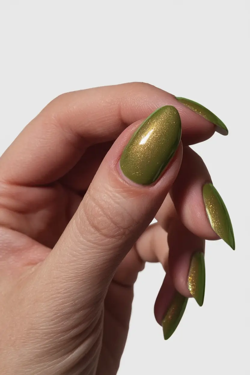 fresh green nails for summer 2025 Golden Olive Sparkle