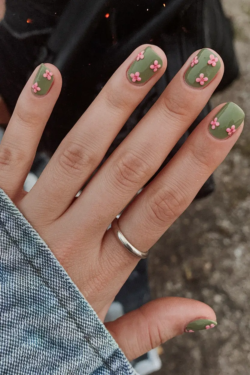 fresh green nails for summer 2025 Playful Petal Accents on Olive