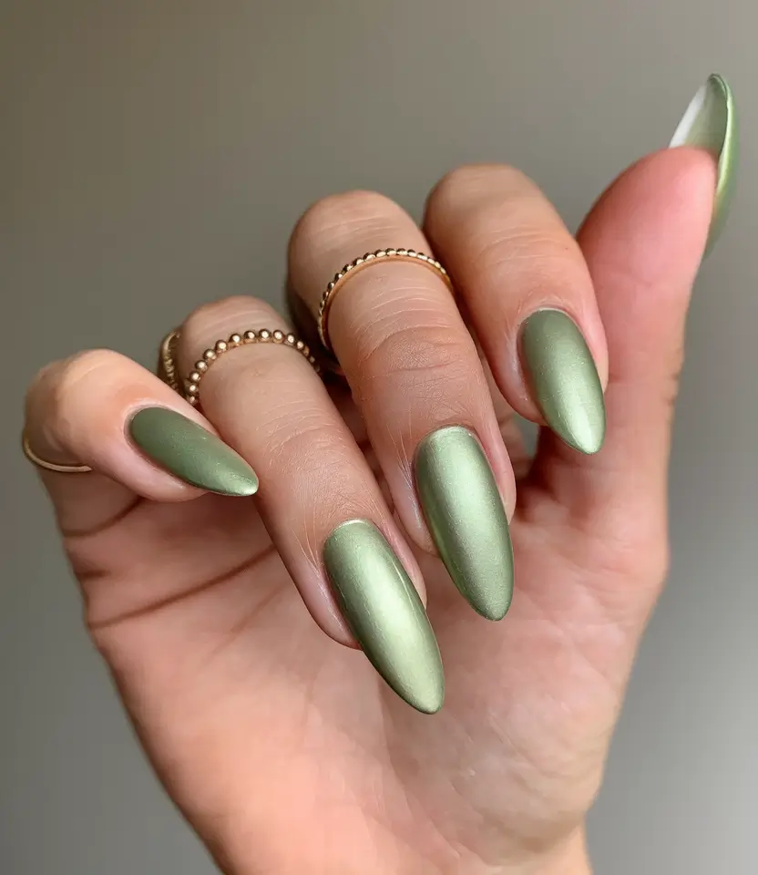 fresh green nails for summer 2025 Silken Olive: The Satin Effect