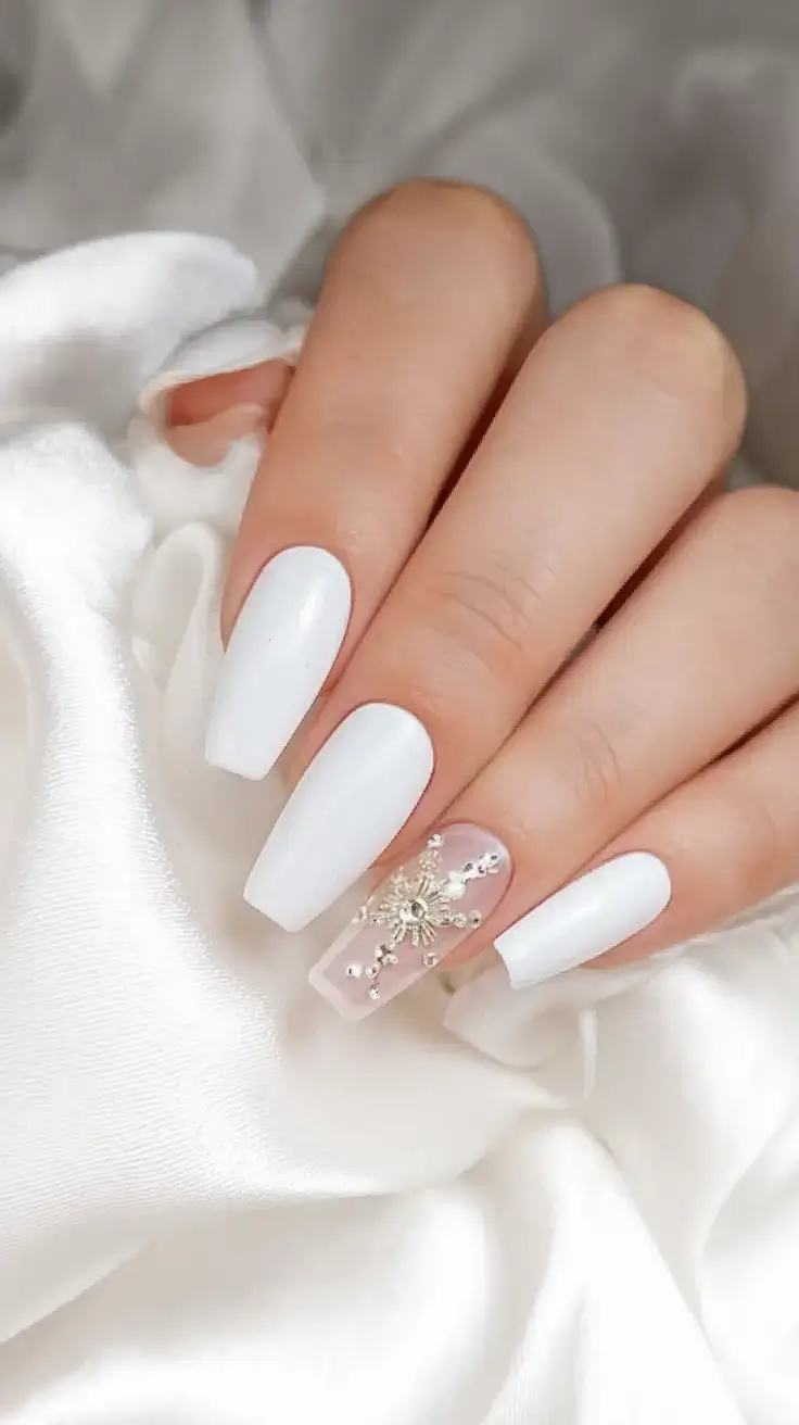 fresh white nail looks for summer 2025 Glamorous Pearl Embellishment