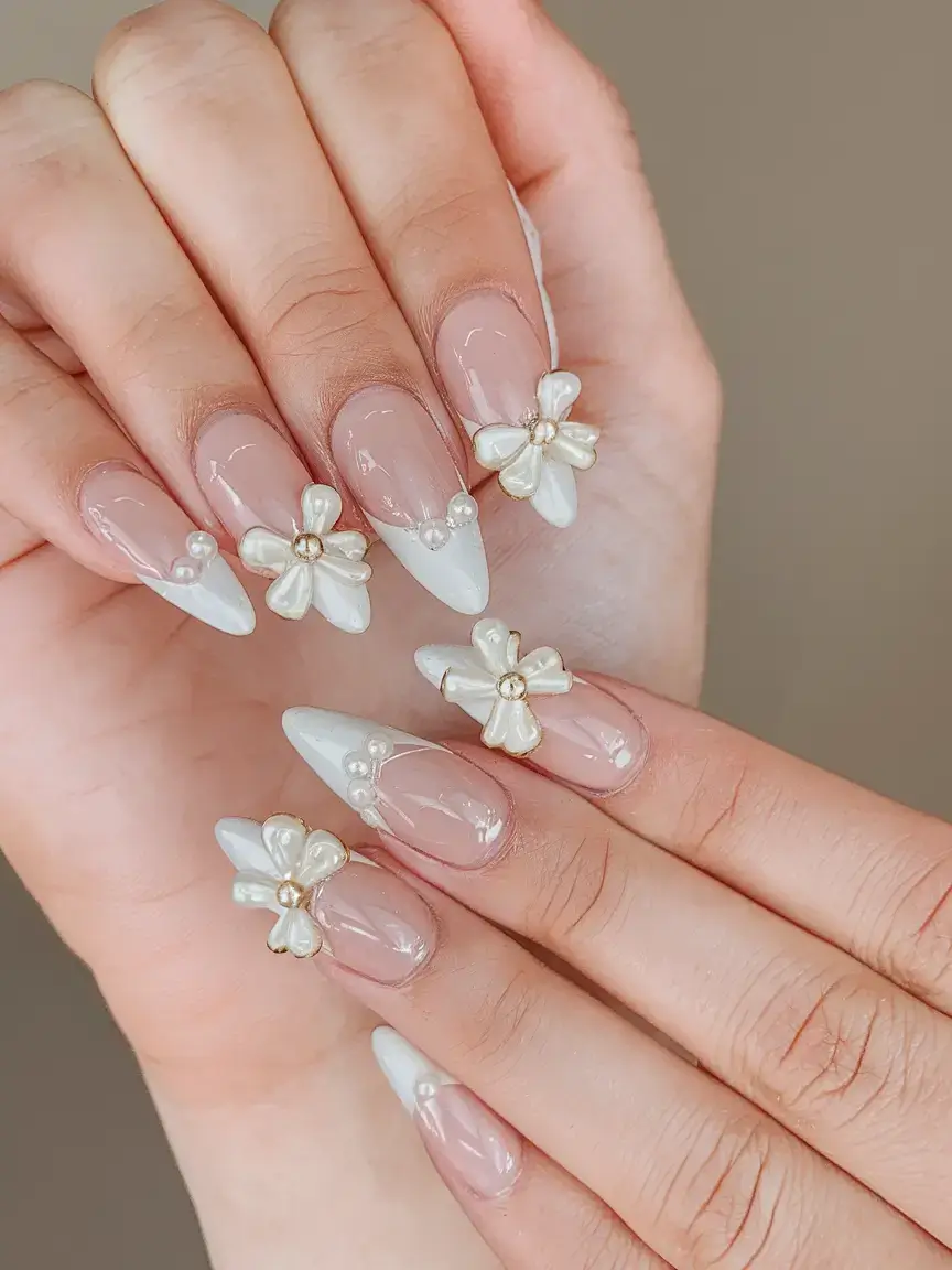 fresh white nail looks for summer 2025 3D Pearl Bow Drama