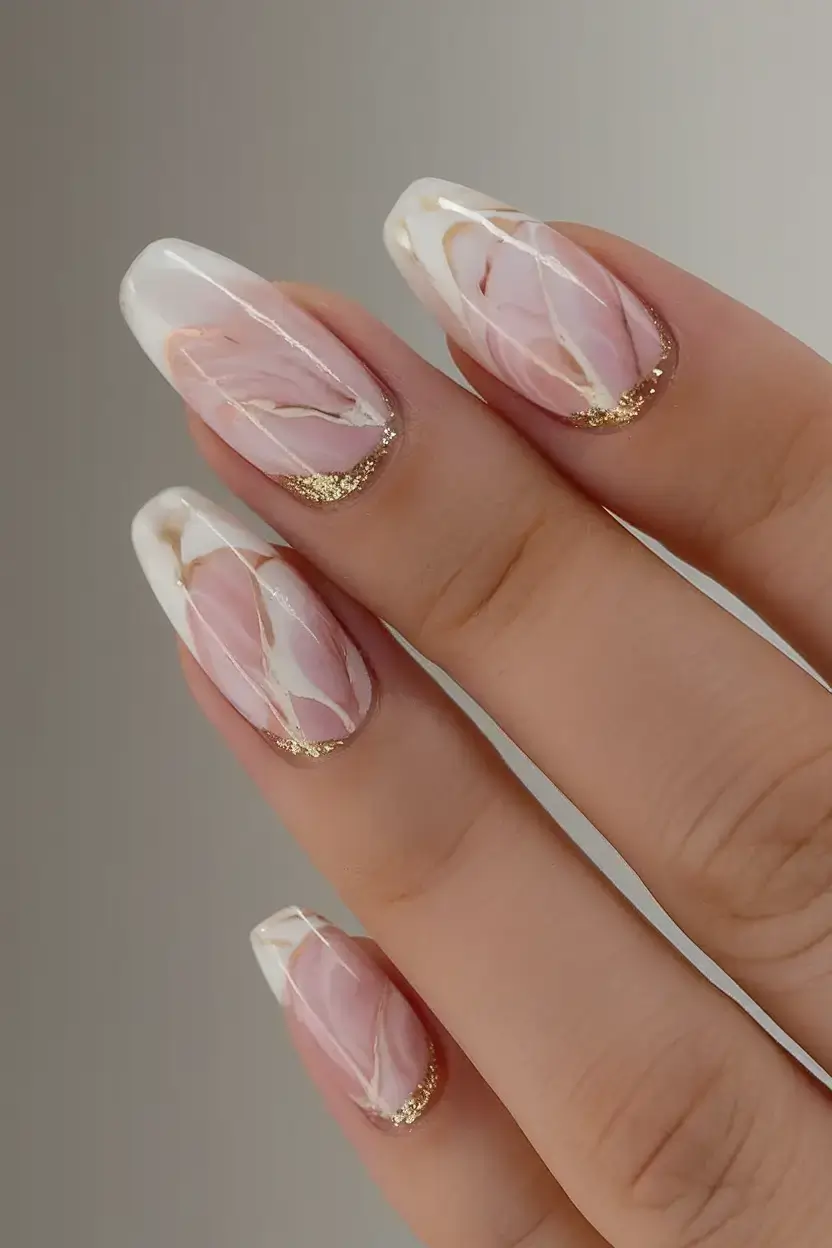 fresh white nail looks for summer 2025 White and Blush Marble with Gold Veins